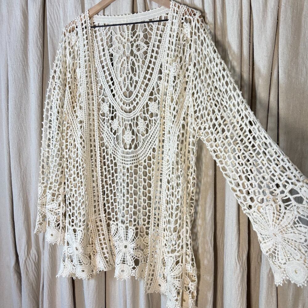 Cream Crochet Open Front Cardigan Bell Sleeve Boho Festival Statement